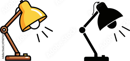 Two desk lamps illuminating a surface, one in color and the other in black and white, creating a contrast in style and presentation.
