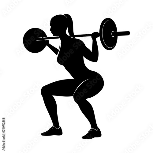 Silhouette of a woman doing squats with a barbell on her shoulders in black
