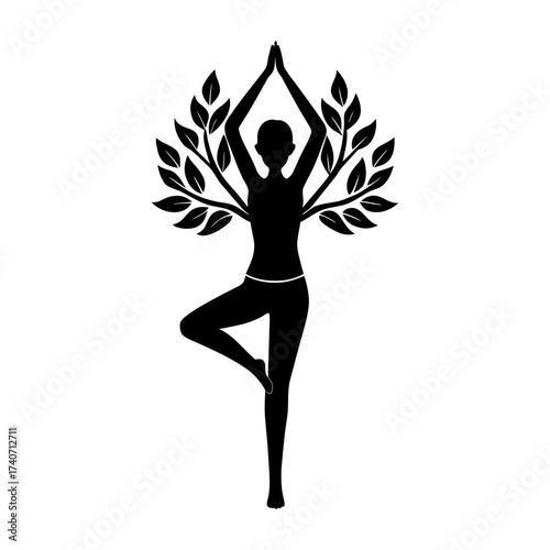 Silhouette of a woman in tree pose with leaves sprouting from her back yoga art