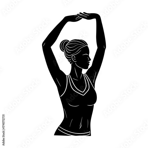 Silhouette of a woman stretching her arms above her head in a fitness pose