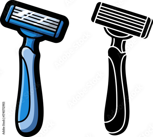 Razor depicts shaving tool in blue and black, showcasing blade and handle for personal grooming in hygiene concept.