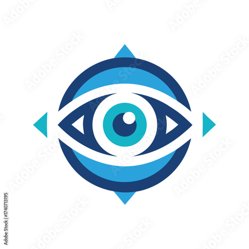 Blue eye symbol with compass points on white background vision sight