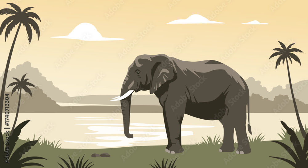 Fototapeta premium Elephant by the Riverside in Tropical Landscape