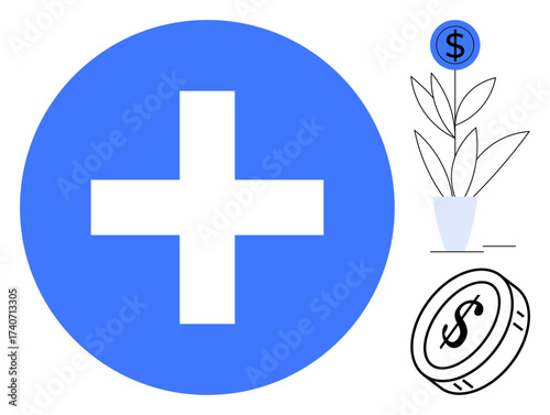 Blue plus sign, potted plant growing with dollar sign bloom, and coin emphasize financial growth. Ideal for finance, investment, healthcare fund, business growth, saving, economic prosperity simple
