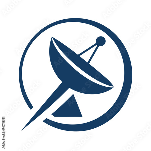 Dark Blue Satellite Dish Icon Inside a Circle on White Background antenna communication