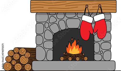 A rustic stone fireplace with a burning fire, wooden mantle, stacked logs, and a pair of red mittens hanging above, perfect for cozy winter and holiday scenes