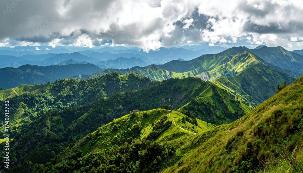 Fototapeta premium Landscape of Lush Green Mountain Ridges with Dramatic Cloudy Sky Nature Photography Outdoors, mountain peaks under dramatic cloudscape sunlight