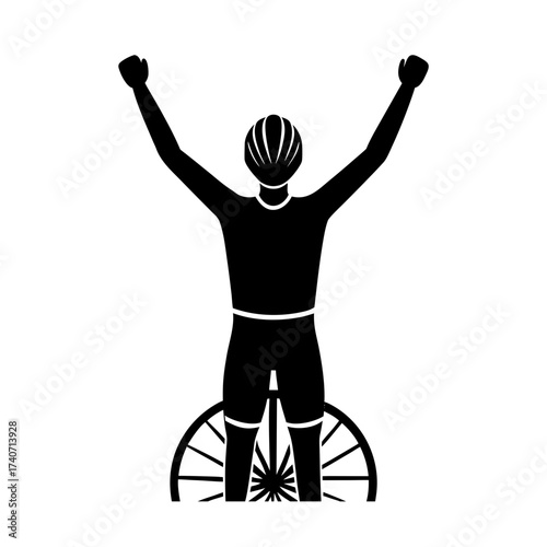 Cyclist Raising Hands in Victory Icon – Winning Bike Rider Silhouette Illustration