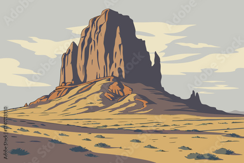 Shiprock in New Mexico, towering volcanic rock spire rising above desert plains