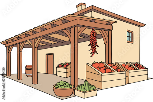 Santa Fe Farmers Market in New Mexico, adobe-style pavilion filled with fresh produce and chili ristras