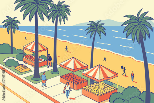 Santa Monica Farmers Market in California, produce stalls near ocean breeze and palm-lined streets