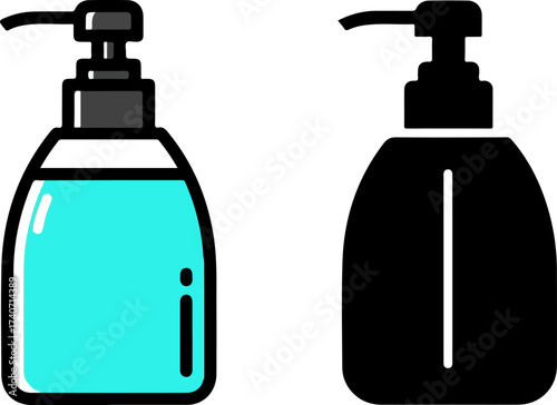 Liquid soap dispensers stand side by side, one filled with turquoise soap and the other black, representing hygiene and cleanliness.