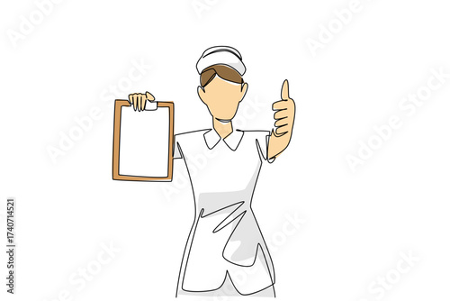 Continuous one line drawing female nurse with nurse cap holding clipboard and making thumbs up gesture. Allowed to go home. Healthy. National Nurses Day. Single line draw design vector illustration