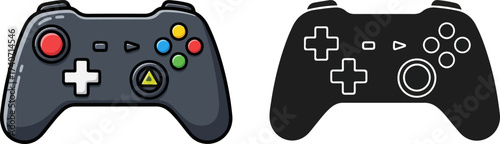 Two game controllers, one in color and one in black and white, representing gaming and entertainment on a clean white surface, creating a playful mood.