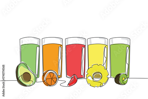 Single one line drawing 5 glass cups with straws in each cup. Fresh juice in the afternoon. Anti hot drink in summer. Freshness. National Beverage Day. Continuous line design graphic illustration