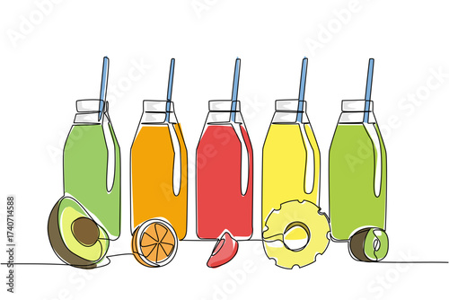 Single one line drawing 5 glass bottles with straws in each bottle. Refreshing drinks with various flavors. Perfect for summer. National Beverage Day. Continuous line design graphic illustration