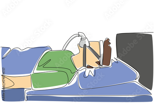 Single one line drawing a man sleeping on a bed using a blanket while wearing a CPAP mask. Helps keep breathing. Healthcare. Sleep Apnea Awareness Day. Continuous line design graphic illustration