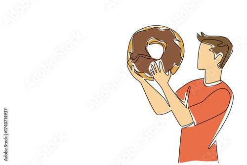 Single continuous line drawing a young man eating a large donut. Content creators who eat large portions live. Always finished, nothing left. National No Diet Day. One line design vector illustration