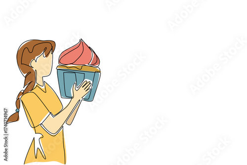 Continuous one line drawing a woman eating a large cupcake. The lover of sweet food with jumbo portions. Relieve stress by eating. National No Diet Day. Single line draw design vector illustration