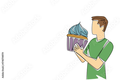 Single continuous line drawing a man eating a large cupcake. Forget about excess sugar content. Mainly a full stomach. Gluten. The overeater. National No Diet Day. One line design vector illustration