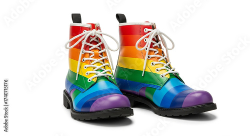 A pair of rainbowcolored boots isolated on white background, symbolizing pride and diversity, with vibrant hues and a bold statement of inclusivity