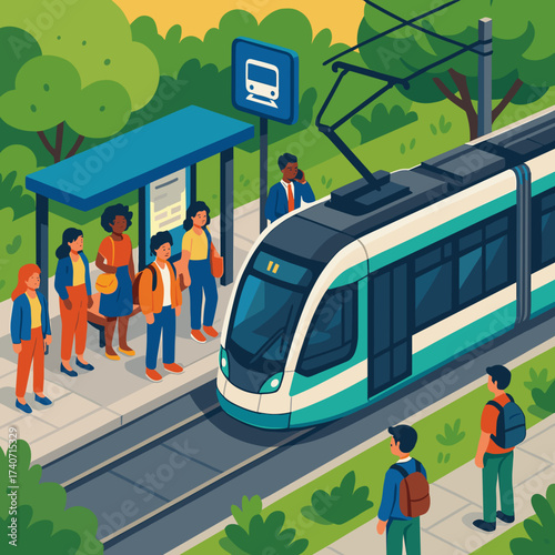 Public transport tram illustration with passengers at station on bright background with copy space