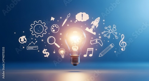 Creative Idea Generation Concept with Glowing Light Bulb and Doodle Icons on Blue Background