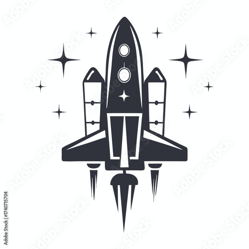 Rocket Launching Spaceship with Stars on White Background