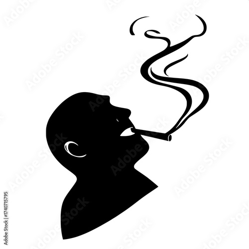 Black cut-out style silhouette of a man in profile with a strong jawline, relaxed posture, and a cigar held loosely between his lips, smoke drifting elegantly upward in a curved motion, set against a 