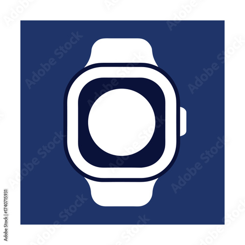 White smartwatch icon with dark blue square background clock time