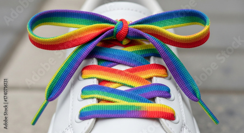 Rainbow shoelace tied in a bow on a white sneaker, symbolizing pride and diversity, perfect for fashion, lifestyle, and lgbtq themes, closeup shot