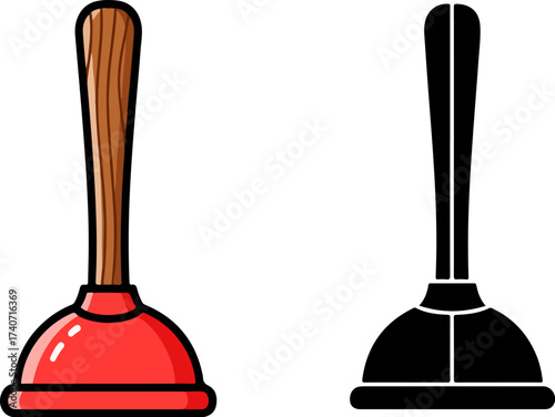 Red plunger standing upright against a white surface, a common household tool used for unclogging drains, simple and clean.