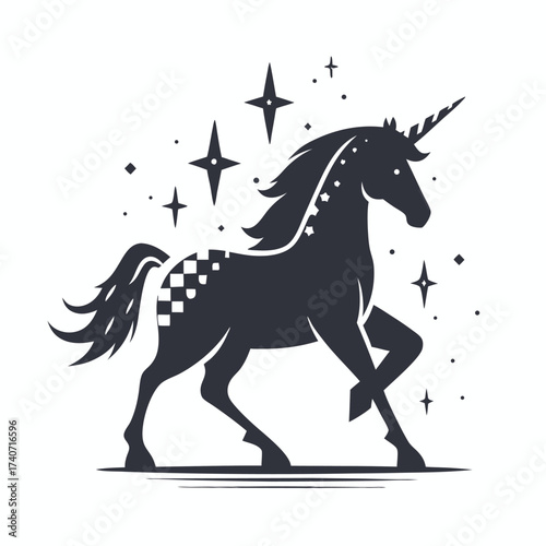 Silhouette Unicorn with Mane,Stars, Stripes on White Background, Design