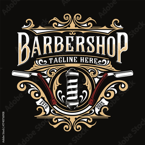barber logo. Vintage style decoration, with elements of shaving or hair cutting equipment. For barbers.