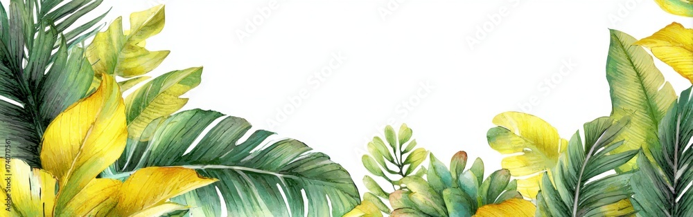 Obraz premium A vibrant watercolor illustration of tropical leaves in various shades of green and yellow, framing a blank white space.