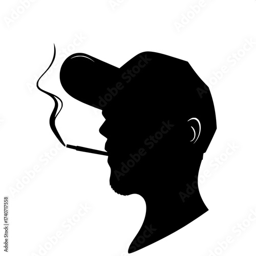 A high-contrast poster-style graphic of a smoking man's silhouette with a prominent baseball cap and beard, the bold black form of his figure contrasted against a clean white background, minimal and s