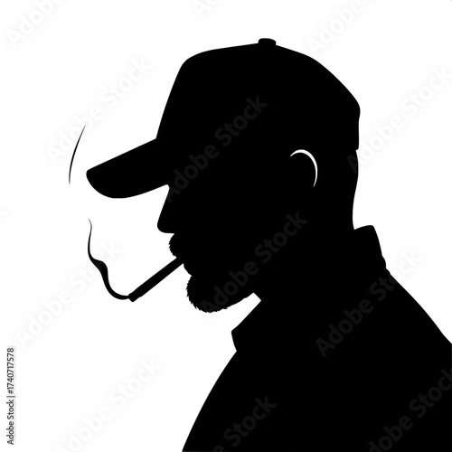 A high-contrast poster-style graphic of a smoking man's silhouette with a prominent baseball cap and beard, the bold black form of his figure contrasted against a clean white background, minimal and s