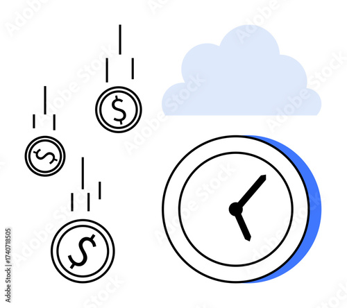 Coins with dollar signs falling alongside a clock and a cloud. Ideal for financial planning, time management, cloud services, budgeting, business strategy, efficiency, simple flat metaphor