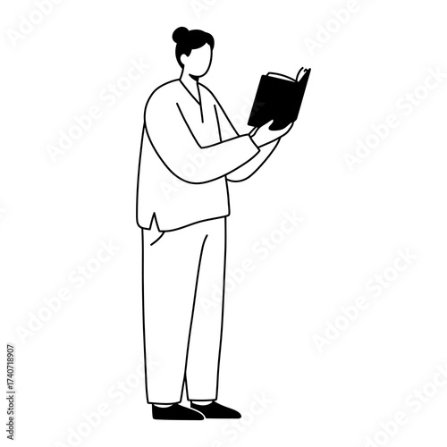 A minimalist black and white line drawing of a person standing while engrossed in reading a book.