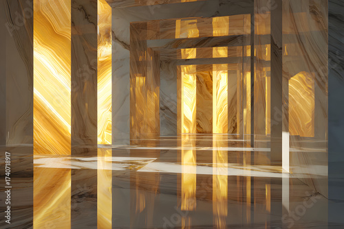 glowing marble room with radiant energy lines forming elegant geometric shapes in a sophisticated abstract design style