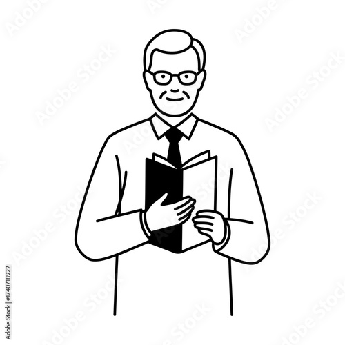 Illustration of a man in a shirt and tie holding a book.