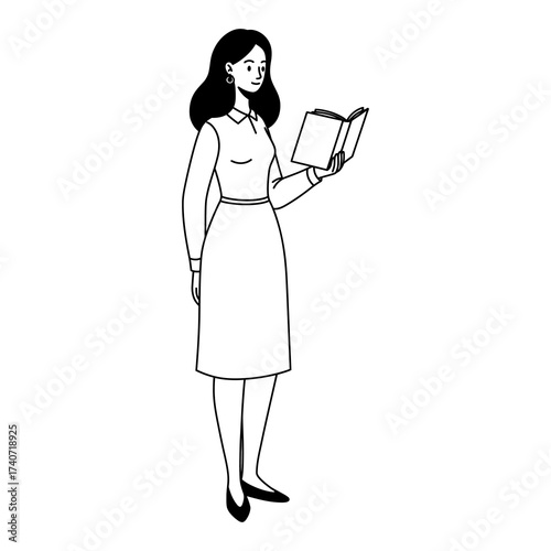 A black and white line drawing of a woman standing while holding and reading an open book.