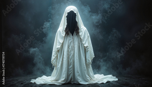 Eerie hooded figure in a white cloak kneeling amidst smoke and darkness