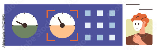 Analog dials with control panel suggesting supervision beside a person holding a mask, revealing individuality. Ideal for privacy, identity, monitoring, technology, emotional behavior, data ethics