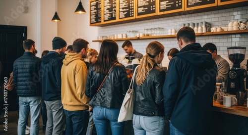 A group of people standing in line at a coffee shop.