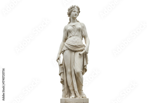 Classical marble statue of a woman with laurel wreath isolated on transparent background, ancient Greek sculpture for art and history projects