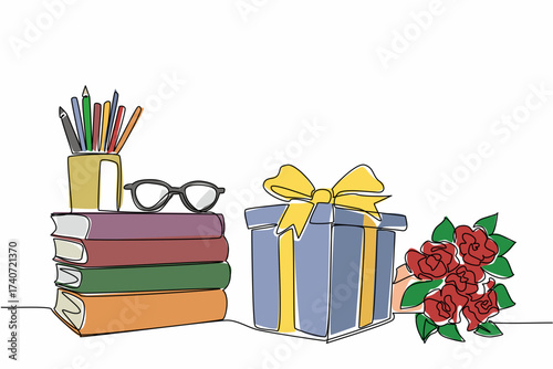 Continuous one line drawing corner of table with stack of books and gift box plus bouquet of flowers. Surprise gifts from students. National Day of Teacher. Single line draw design vector illustration