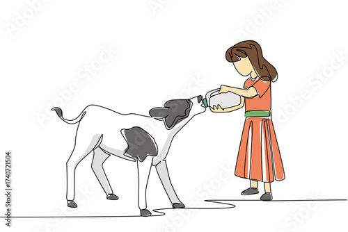 Single continuous line drawing girl holding a large milk bottle and giving it to a calf. Take care of the cow patiently until it grows big. National Open Farm Day. One line design vector illustration