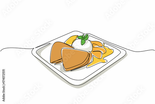 Continuous one line drawing crepe suzette served with orange marmalade and vanilla ice cream. Desserts that will makes full. National Crepe Suzette Day. Single line draw design vector illustration