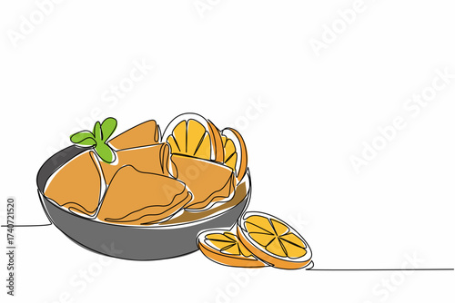 Single continuous line drawing crepe suzette with orange slices and leaves on a black round plate. Delicious dessert menu. Freshness. National Crepe Suzette Day. One line design vector illustration